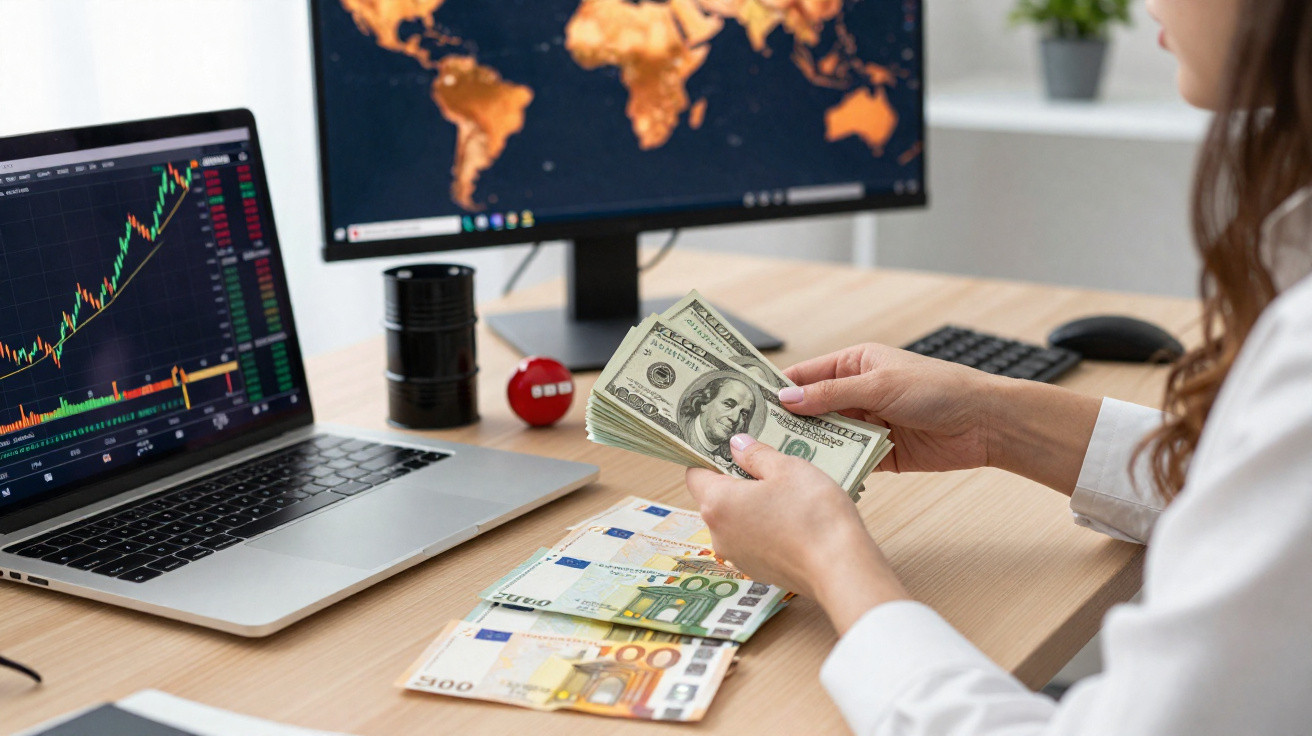 Pessoa a contar dólares com euros e gráficos financeiros num computador num escritório.