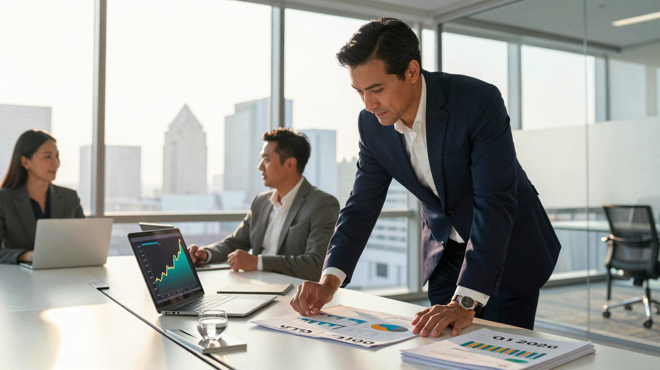 Homem de fato analisando gráficos impressos numa mesa durante reunião de trabalho em escritório moderno.