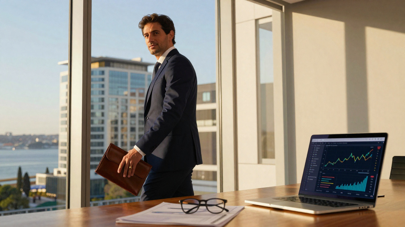Homem de fato azul a segurar pasta de couro, num escritório com vista para prédios e laptop com gráficos.