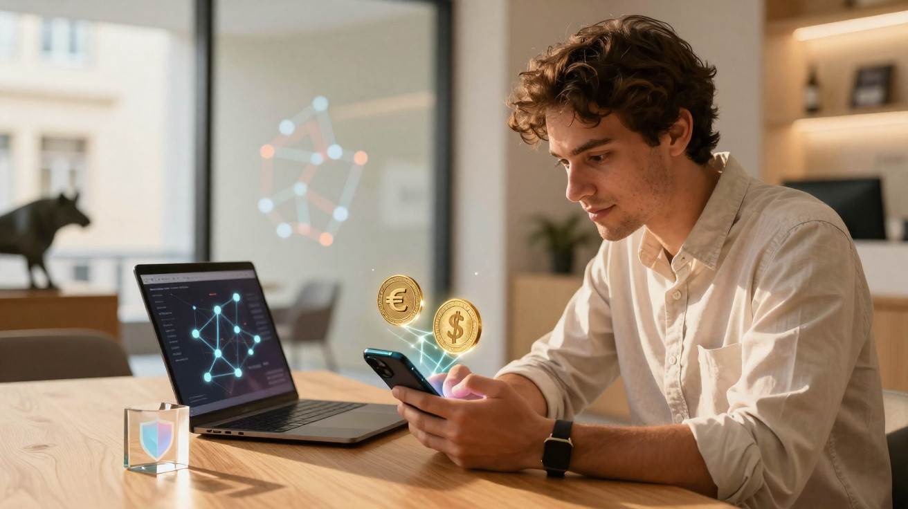 Homem com camisa clara sentado à mesa a usar telemóvel, com computador portátil e símbolos de moedas digitais à frente.