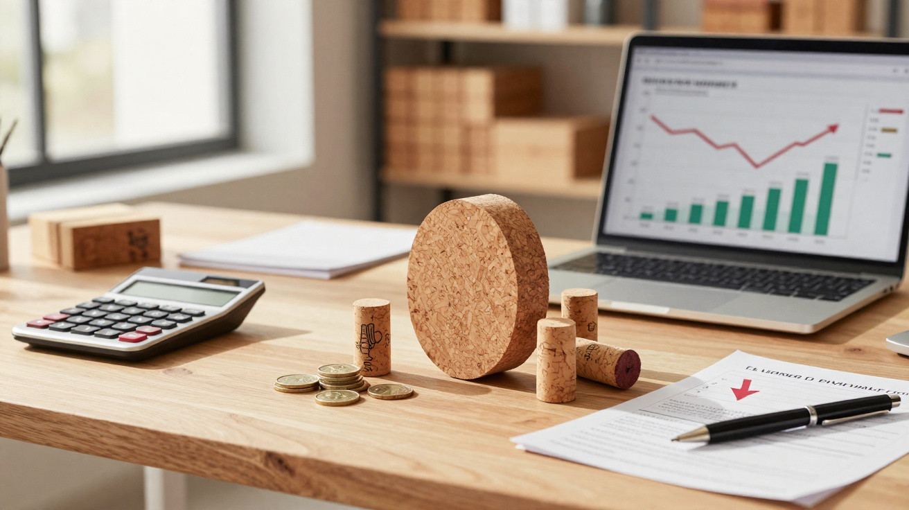 Mesa de escritório com laptop a mostrar gráficos, calculadora, moedas, rolhas e documento com caneta.