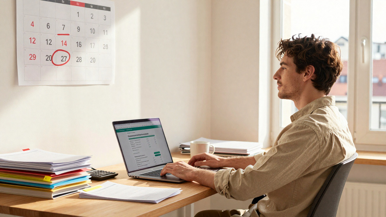 Homem a trabalhar no computador com calendário na parede, 27 do mês está assinalado a vermelho.