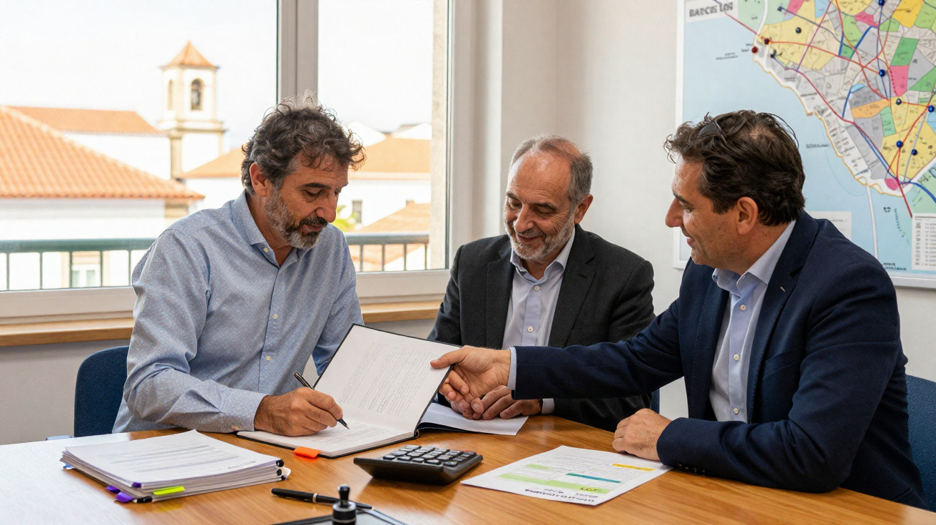 Três homens em reuniões formais analisam documentos e trabalham juntos à mesa de escritório com mapa na parede.