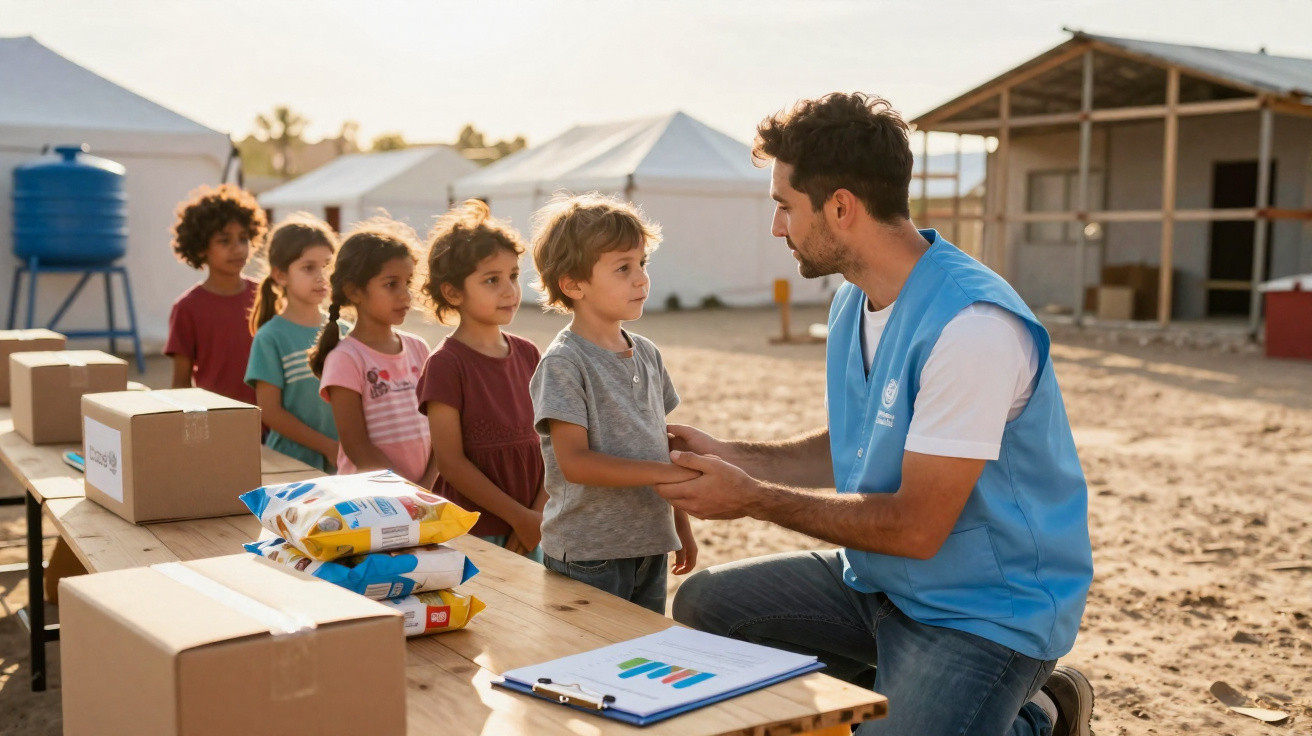 Voluntário a distribuir mantimentos a crianças em fila num campo de refugiados ao ar livre.
