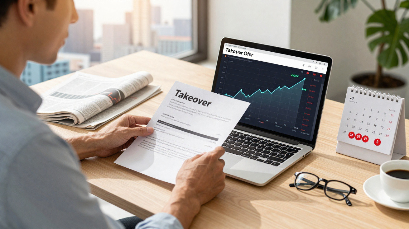 Pessoa a analisar documento de takeover com gráfico financeiro num portátil numa mesa com calendário, óculos e café.