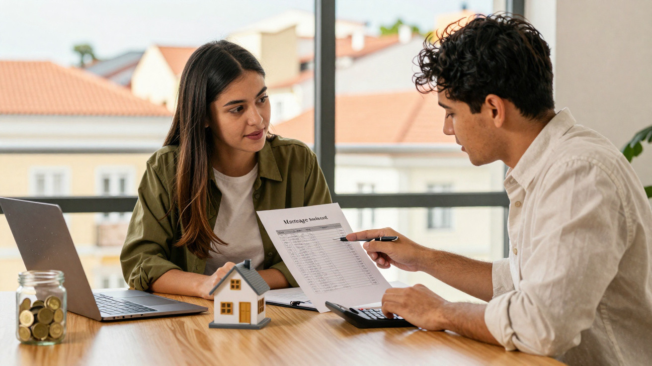 Duas pessoas a analisar um documento de financiamento imobiliário numa mesa com computador e moeda.