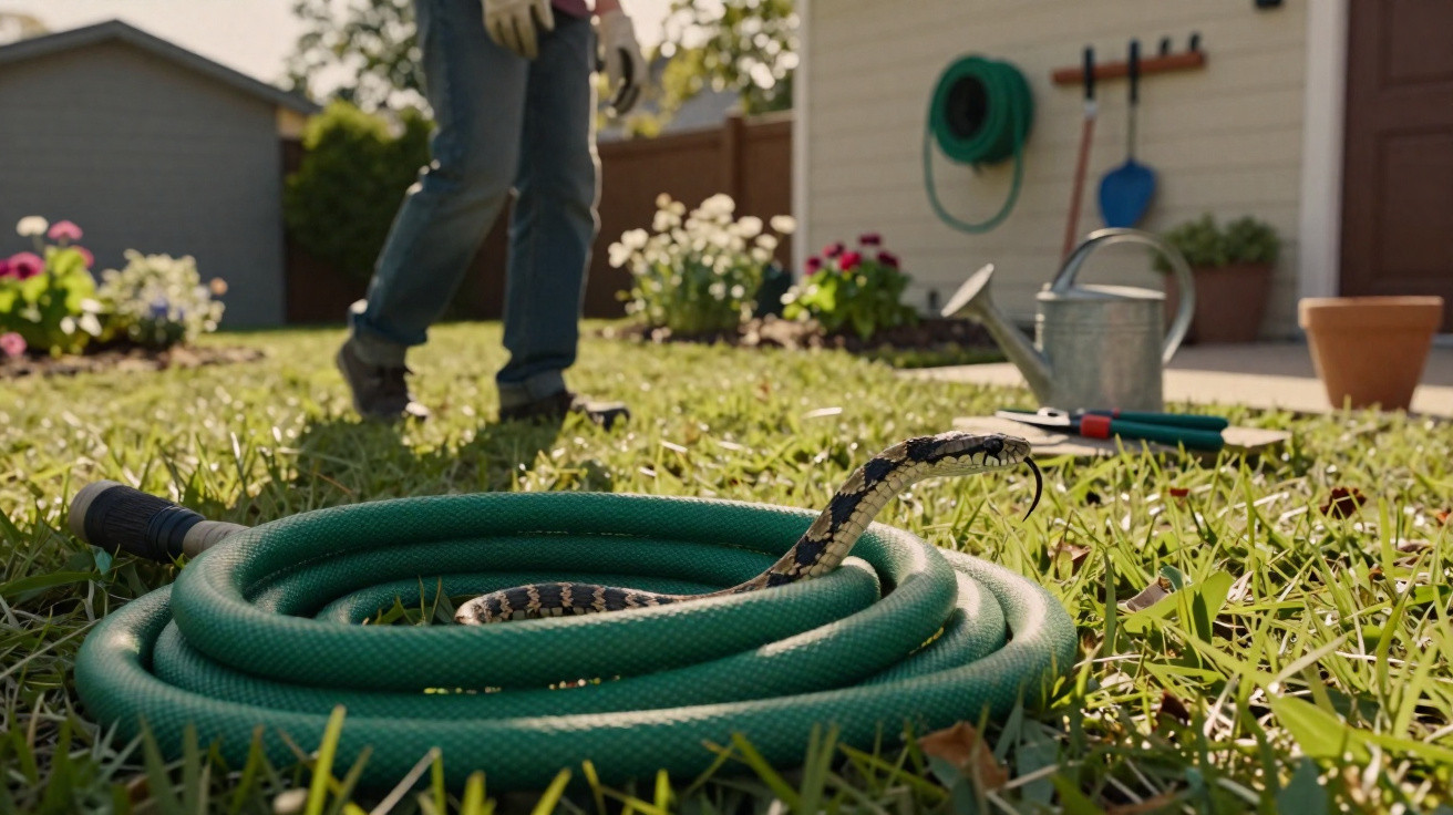 Cobra enrolada dentro de mangueira verde num jardim com pessoa ao fundo usando luvas de jardinagem.