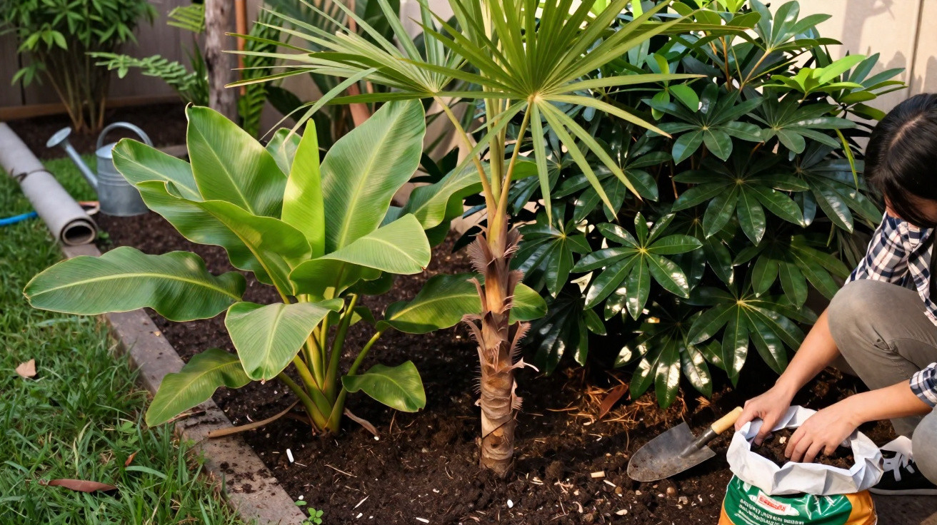 Pessoa a plantar árvores tropicais num jardim com terra solta e vegetação verde densa.
