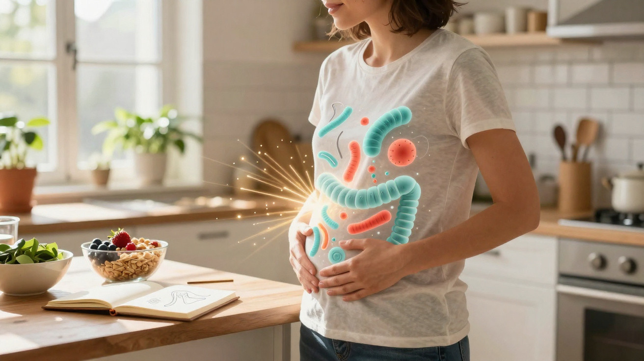 Mulher numa cozinha a tocar a barriga com ilustração digital do sistema digestivo sobreposta.