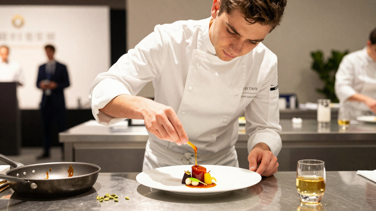 Chef com uniforme branco a decorar prato gourmet numa cozinha profissional moderna.