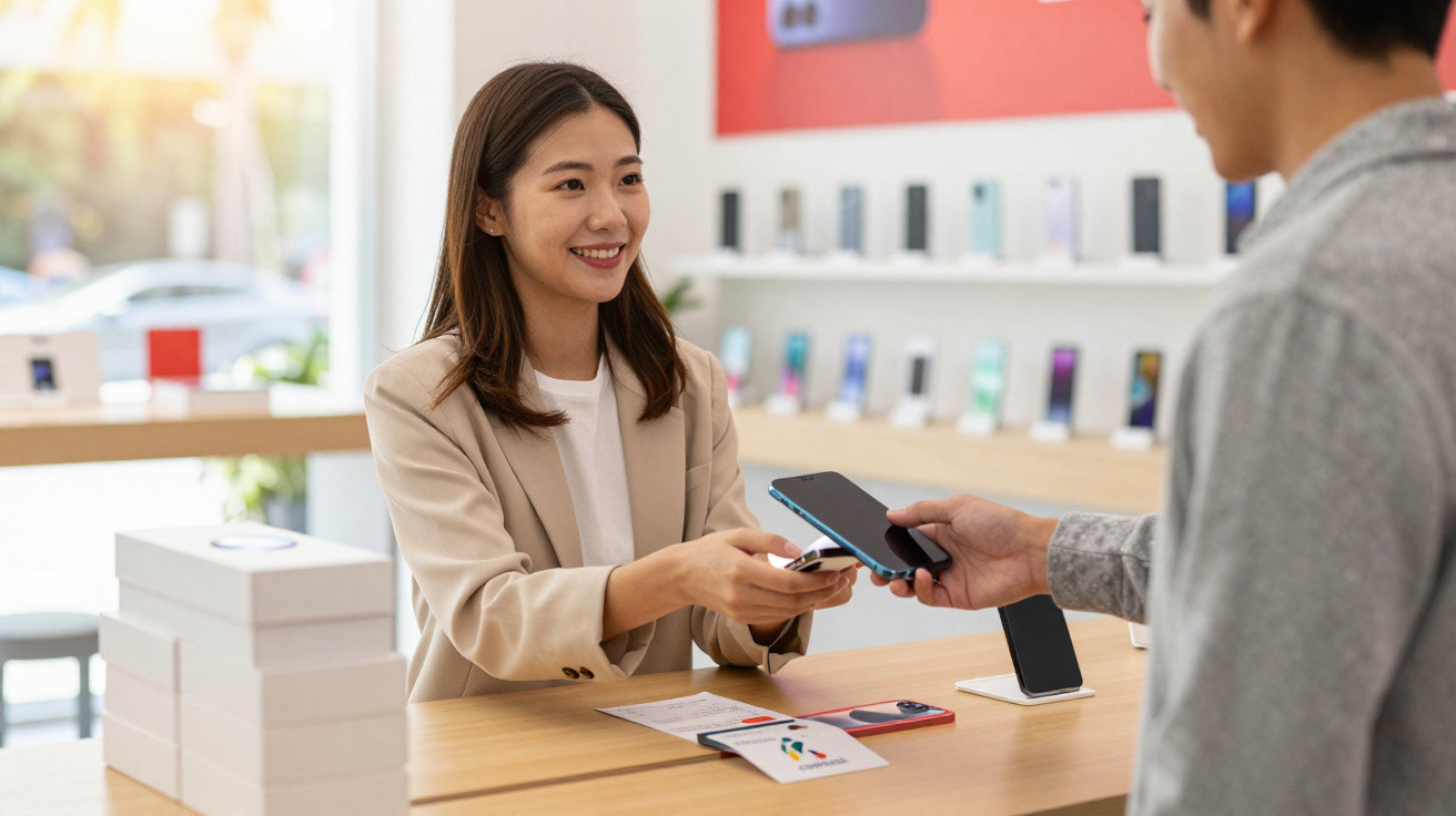 Vendedora sorridente entrega smartwatch a cliente que lhe estende o telemóvel numa loja de tecnologia.