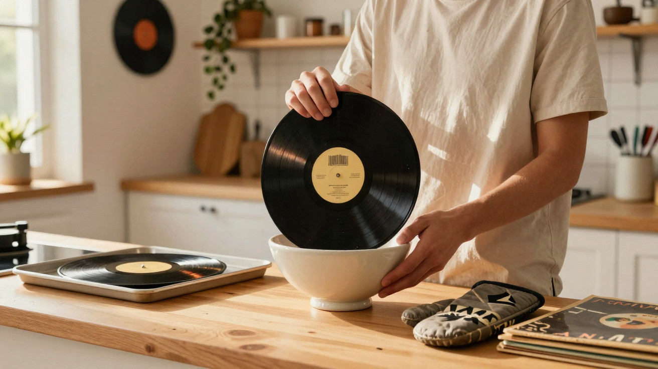 Pessoa a colocar um disco de vinil dentro de uma taça numa cozinha com luz natural.
