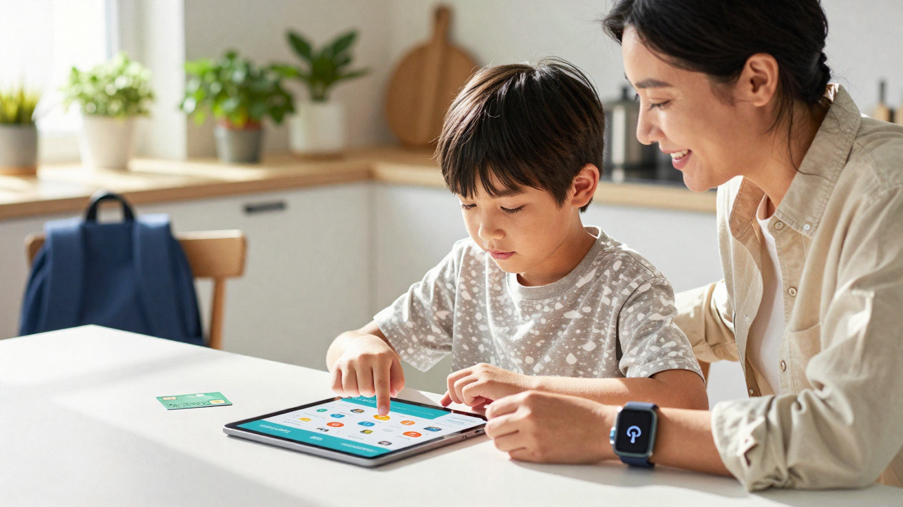 Criança e adulta interagem alegremente com tablet numa cozinha luminosa e moderna.