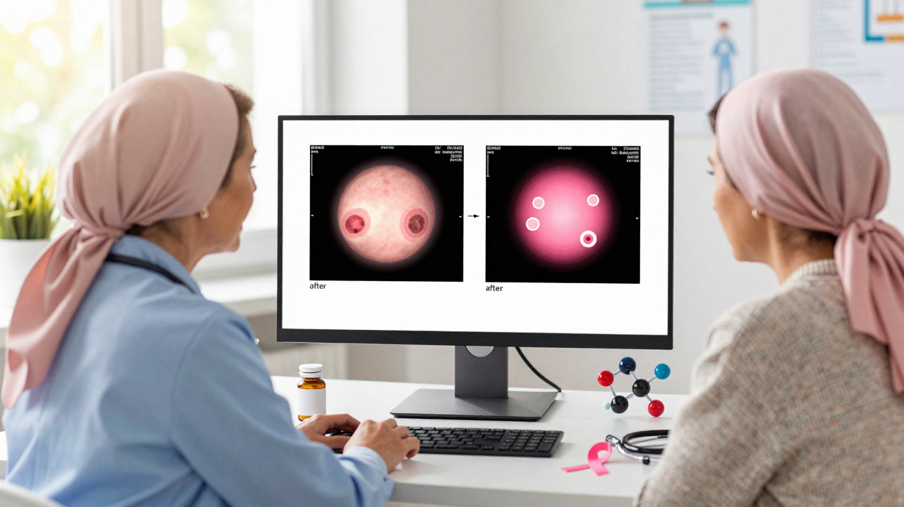 Médica e paciente com lenço na cabeça analisam imagens médicas no ecrã de um computador num consultório.