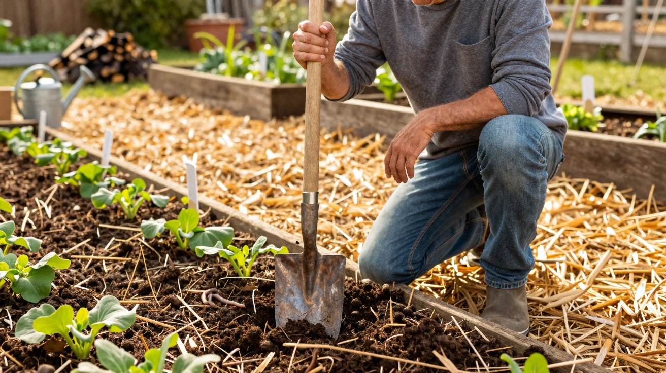 Pessoa a cuidar de canteiro de plantas num jardim com pá e terra solta.