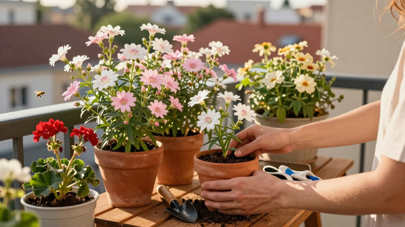 Mãos a plantar flores rosas e brancas em vasos de barro num varandas com várias plantas e um inseto voador.