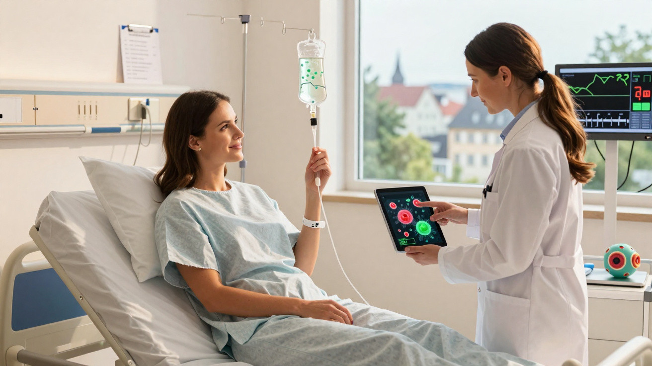 Paciente sorridente numa cama de hospital segura soro enquanto médica lhe mostra dados numa tablet.