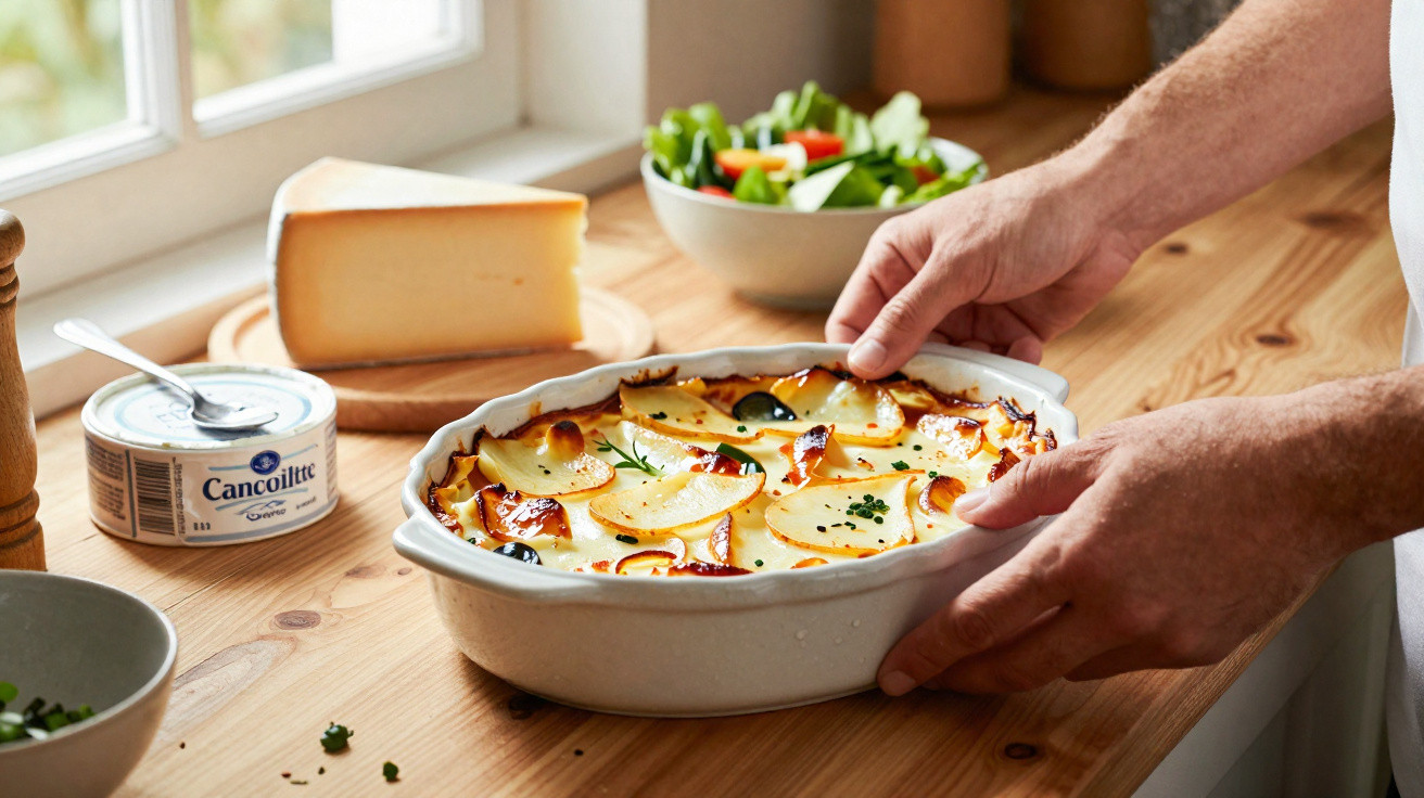 Mãos seguram tabuleiro com gratinado de batata e alho, queijo, creme e salada ao fundo numa cozinha.