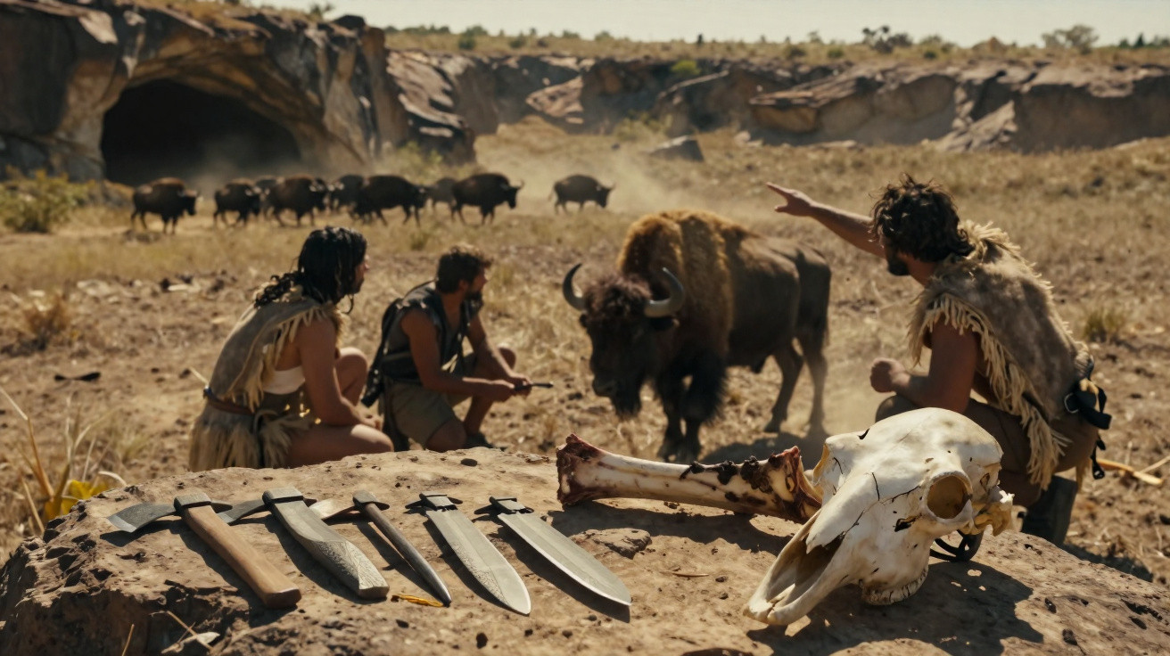 Três pessoas pré-históricas observam um búfalo numa paisagem seca com armas e crânio animal numa pedra em primeiro plano.