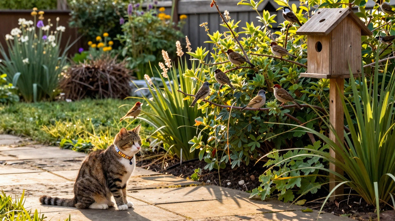 Gato sentado num jardim a observar um grupo de pardais num arbusto perto de uma casa de pássaros de madeira.
