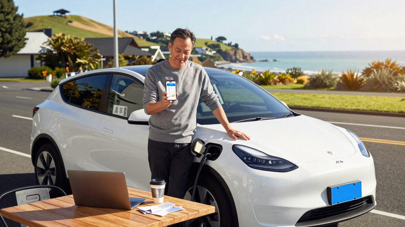 Homem a carregar carro eléctrico branco junto à estrada, com telemóvel e computador portátil numa mesa próxima.