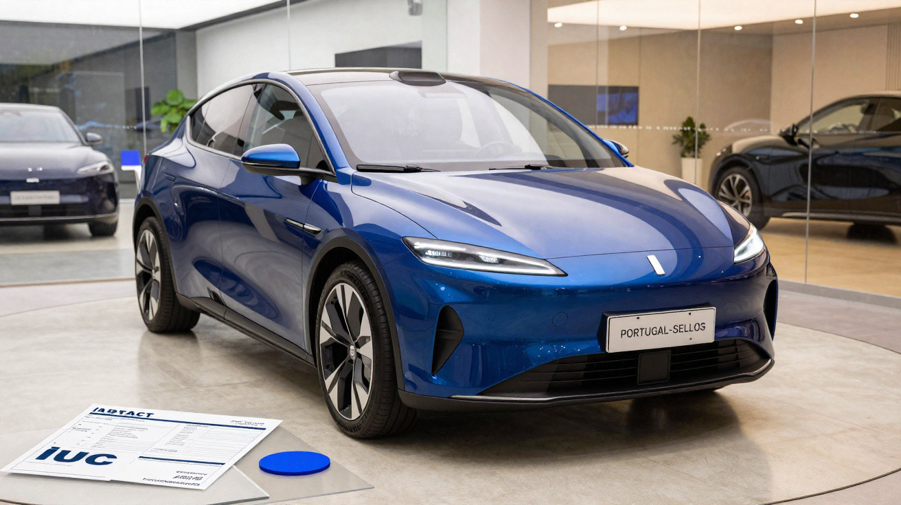 Carro elétrico azul exposto em interior de showroom moderno, com placa Portugal-Sellos à frente.