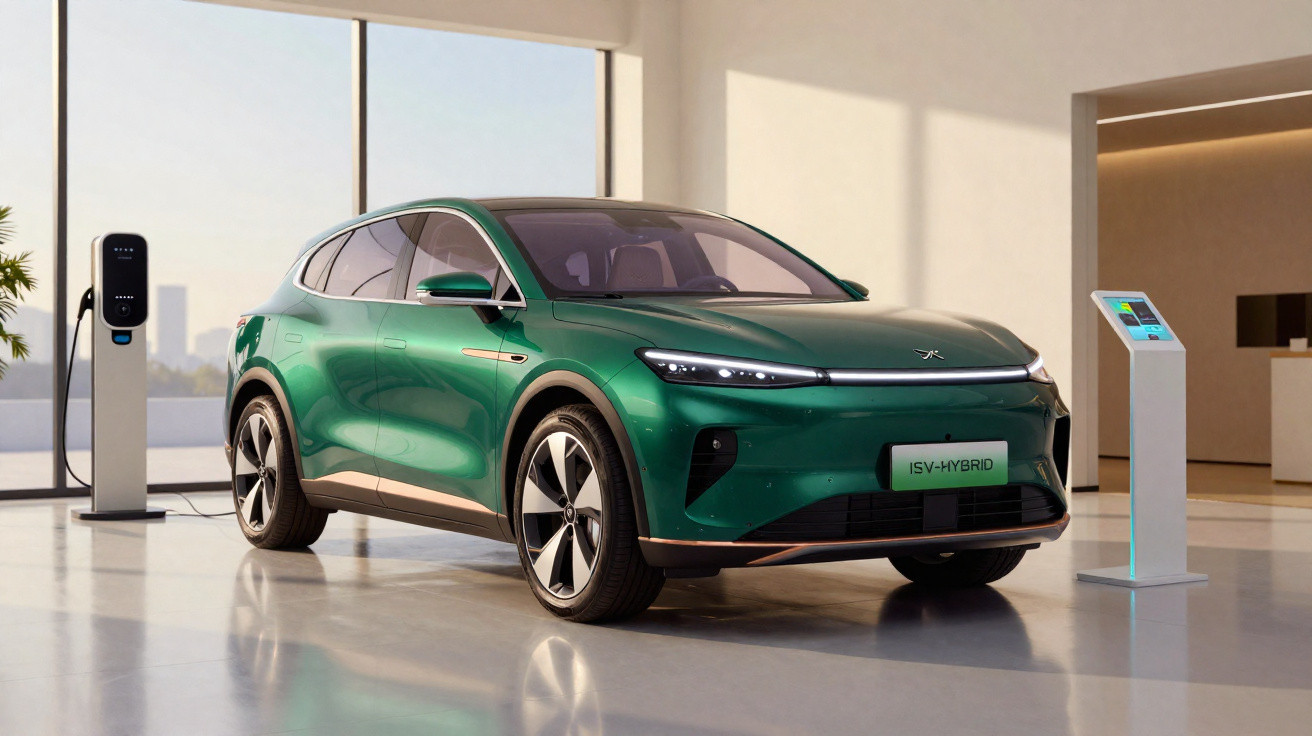 Carro SUV híbrido verde carregando numa estação de carregamento interior moderna e minimalista.