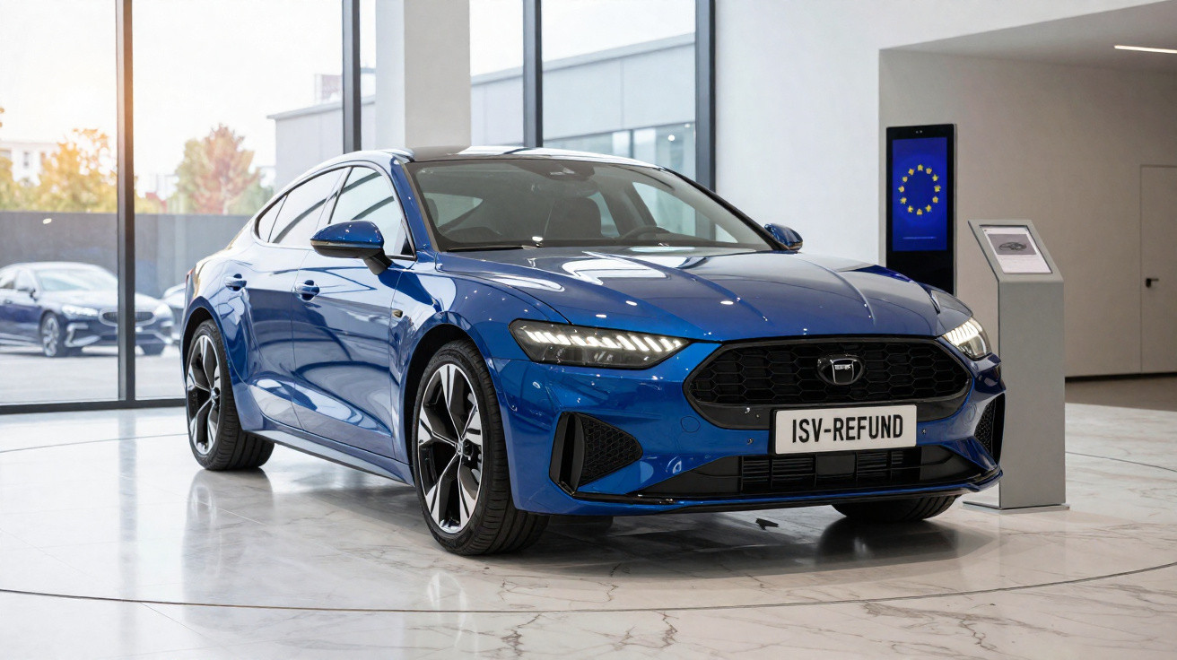 Carro elétrico azul exposto em salão moderno com iluminação natural e monitor ao lado.