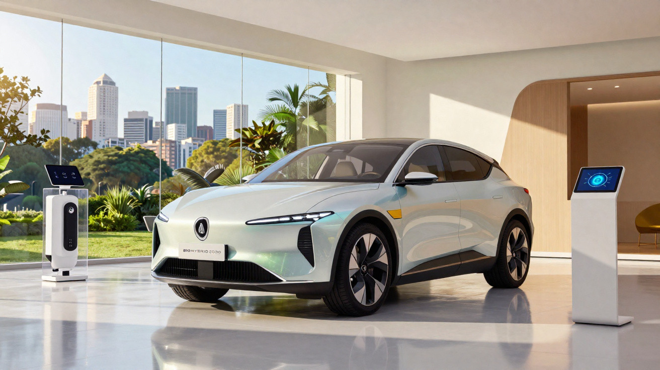 Carro elétrico moderno branco estacionado numa sala ampla com grandes janelas e vista para cidade.