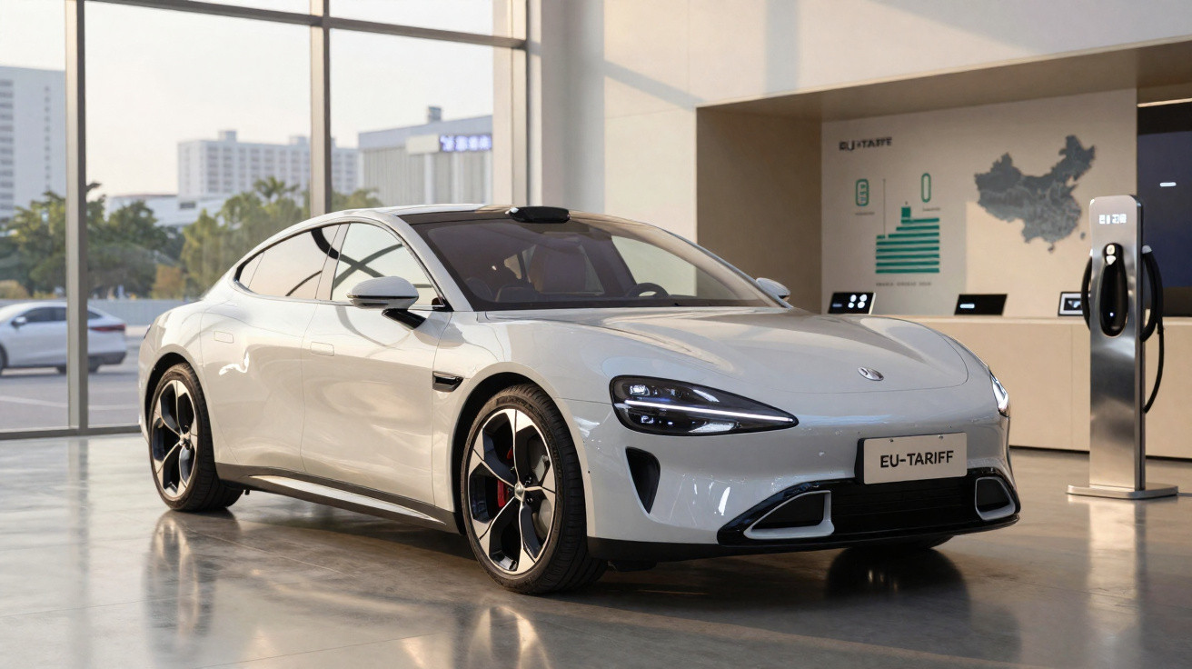 Carro elétrico branco moderno estacionado em showroom com carregador ao lado e janelas grandes ao fundo.