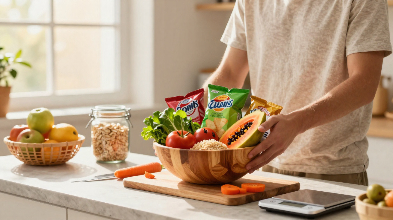 Pessoa a preparar salada com legumes, fruta e snacks numa cozinha luminosa e organizada.