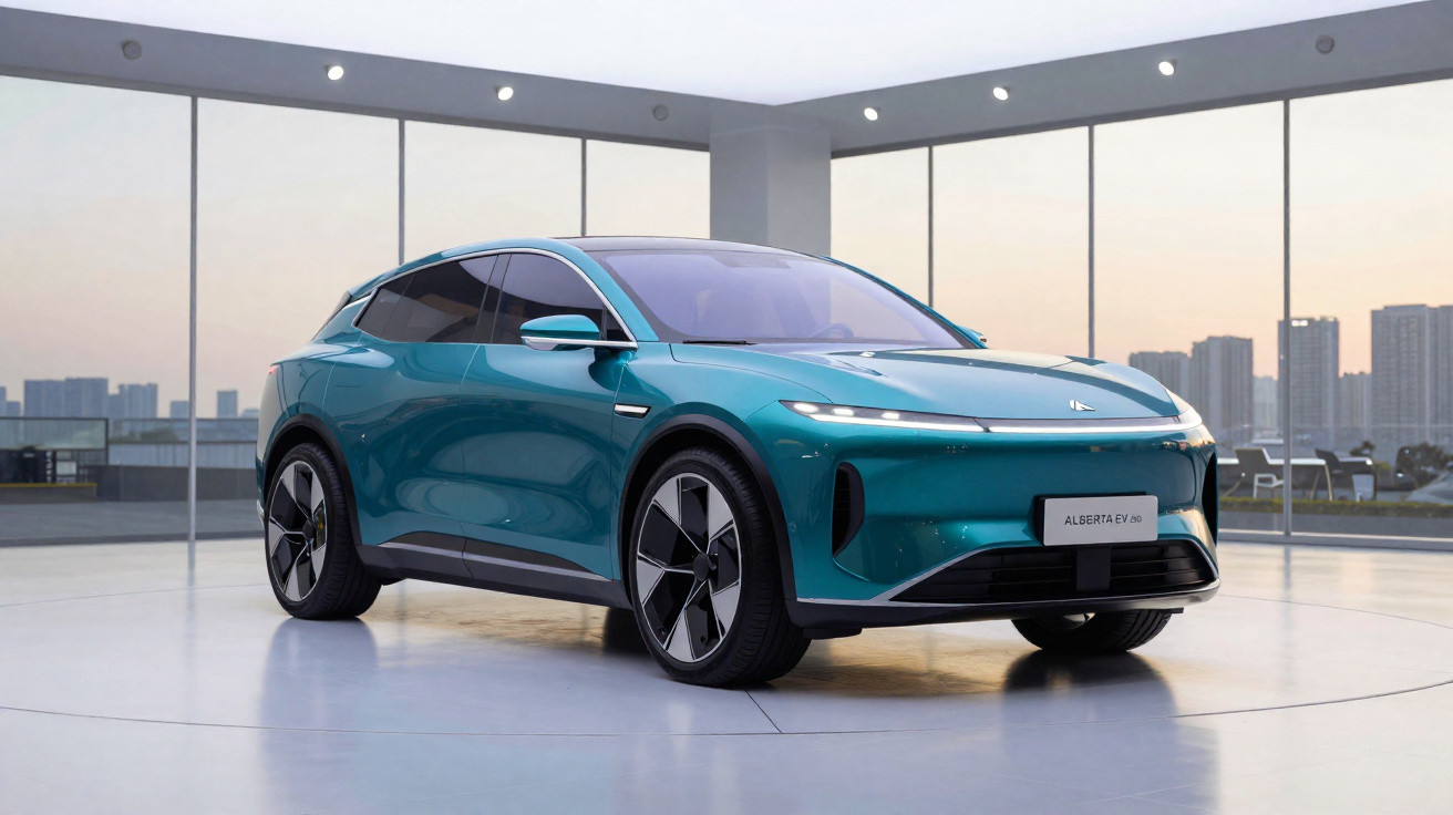 Carro eléctrico azul turquesa moderno exposto em salão com janelas panorâmicas e vista para edifícios urbanos ao fundo.