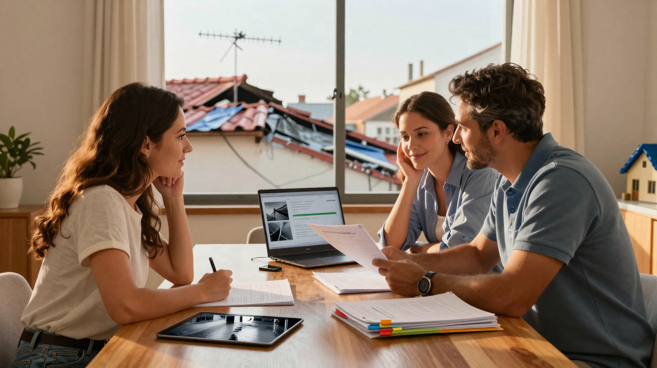 Três pessoas sentadas à mesa a discutir documentos com computador portátil e tablet num ambiente de escritório.