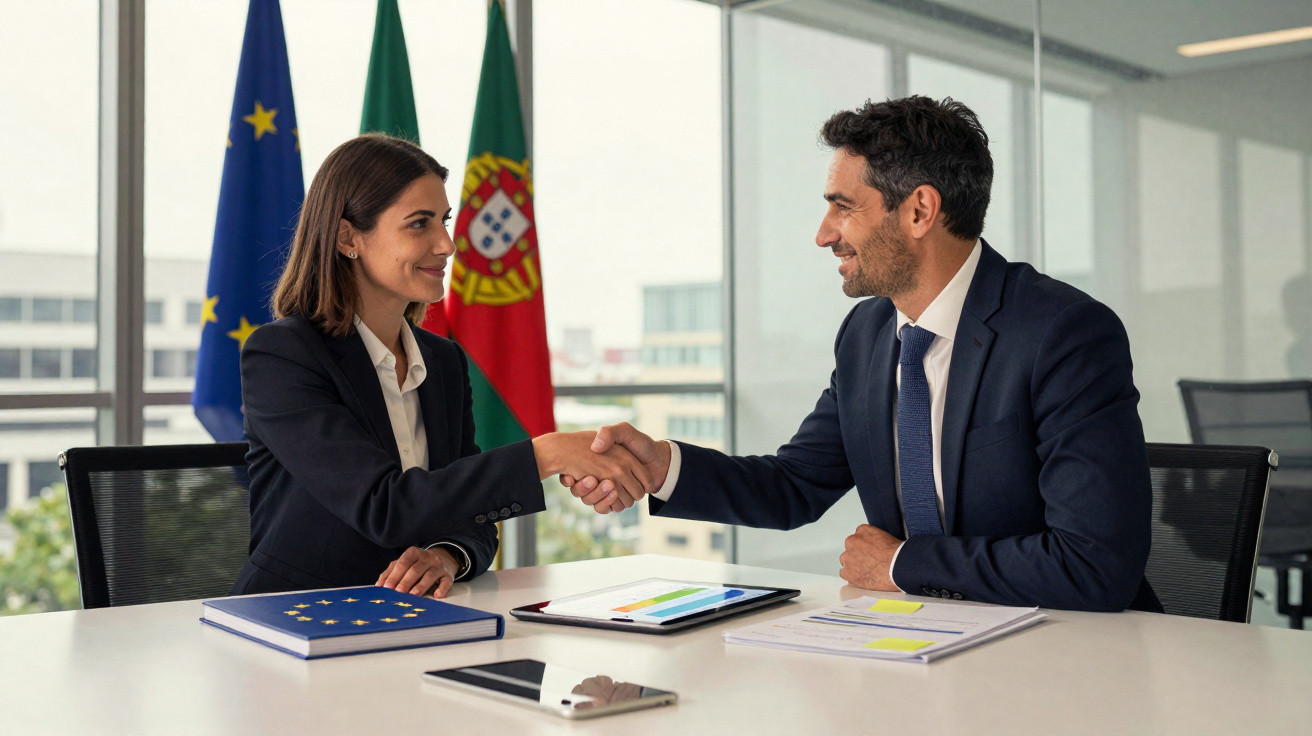 Duas pessoas de negócios apertam as mãos numa reunião com bandeiras da UE e de Portugal ao fundo.