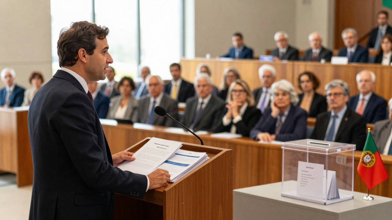 Homem em fato fala ao microfone numa sala de conferências com várias pessoas a ouvir atentamente.