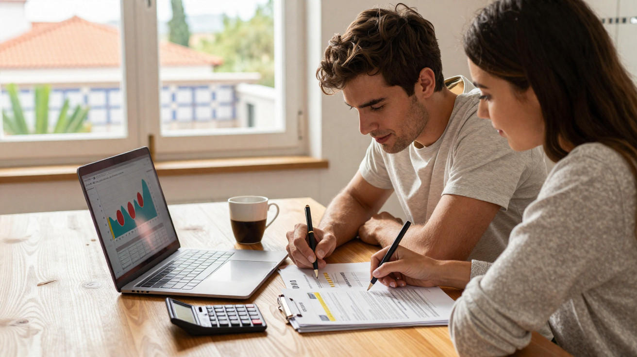 Casal jovem sentado à mesa a analisar documentos e gráficos no computador portátil com calculadora e café.