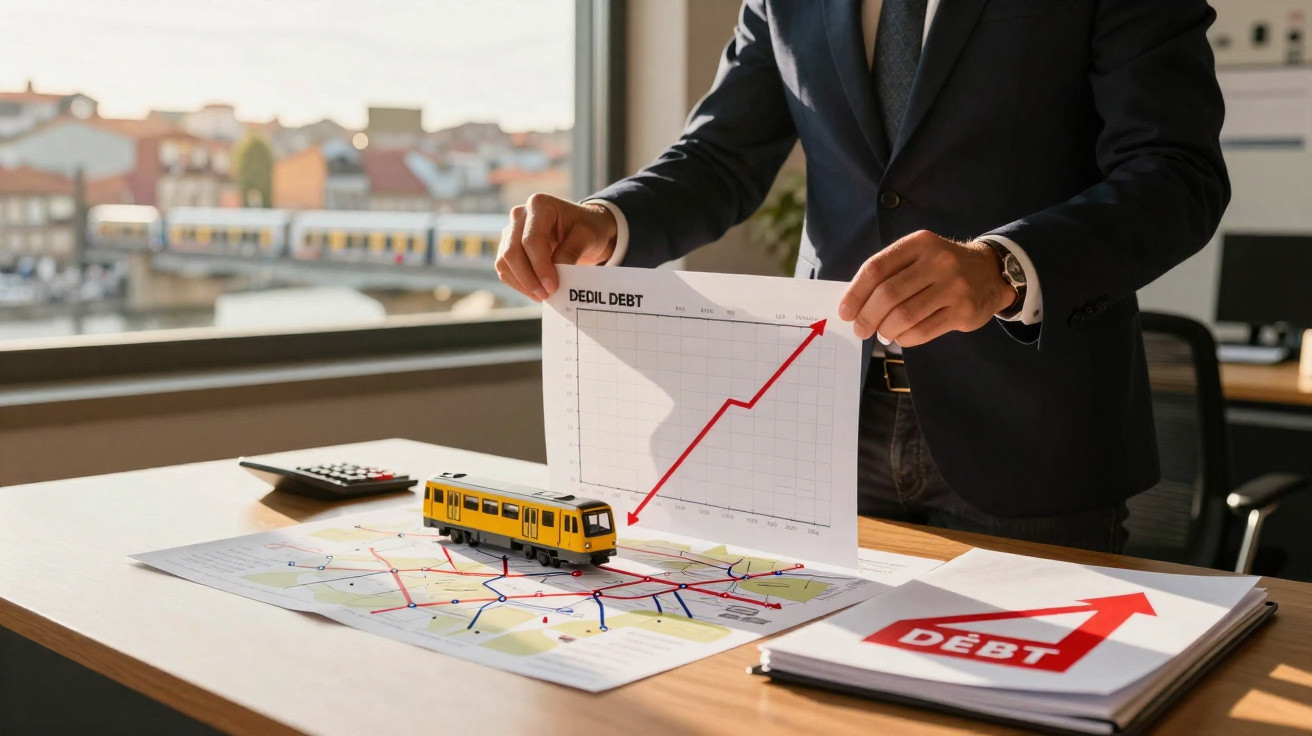 Pessoa em fato segura gráfico de dívida crescente, sobre mesa com mapa de metro e modelo de metro amarelo.