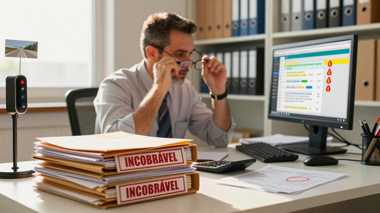 Homem de negócios sentado à secretária com pastas marcadas como incobráveis e computador com relatórios.