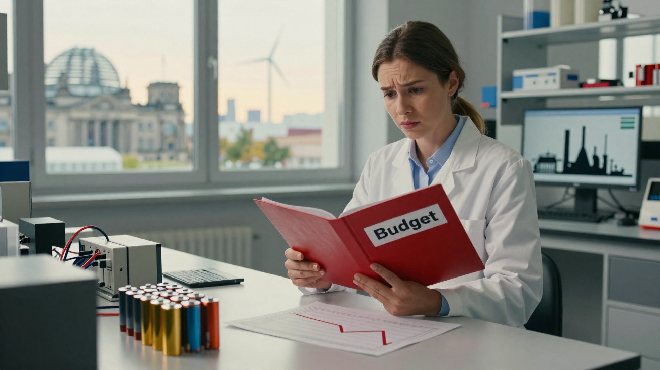 Mulher cientista preocupada a analisar um dossiê vermelho com a palavra “Budget” numa mesa de laboratório.