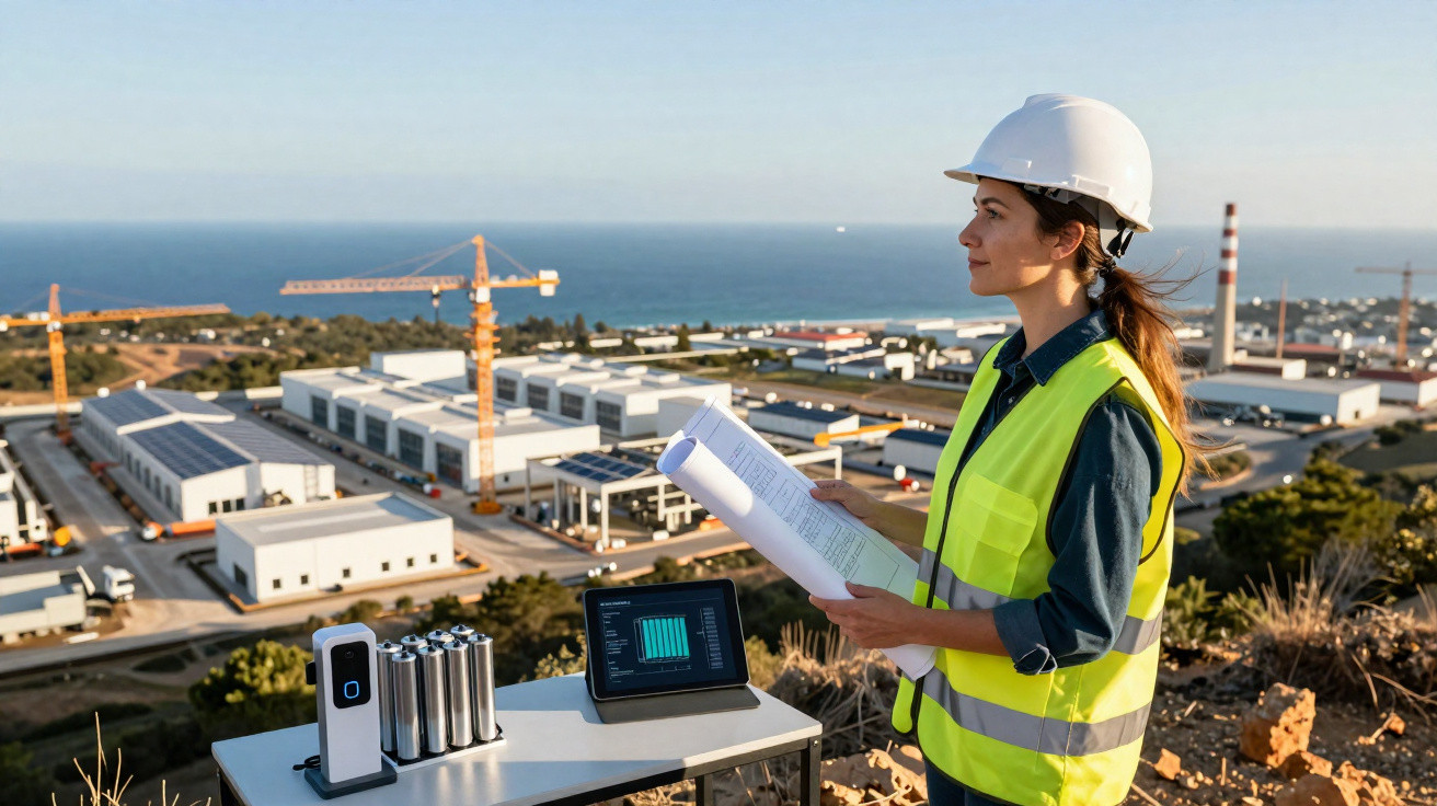 Engenheira com capacete e colete a examinar plantas numa construção perto do mar, com dispositivos e gráficos numa mesa.