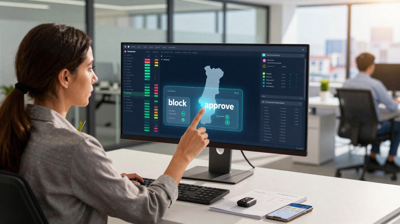 Mulher a apontar ecrã com mapa de Portugal e opções para bloquear ou aprovar numa interface digital.