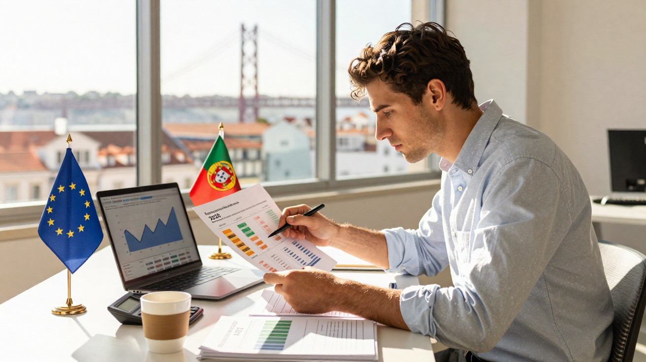 Homem a analisar gráficos impressos e no ecrã do computador numa sala com vista para a ponte 25 de Abril em Lisboa.