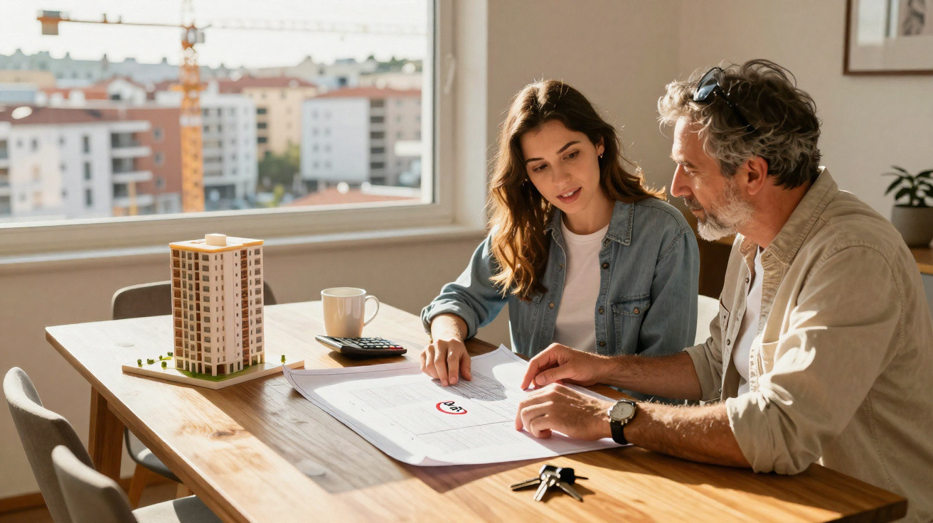 Homem e mulher analisam plantas e documentos de construção numa mesa com maquete e chaves.