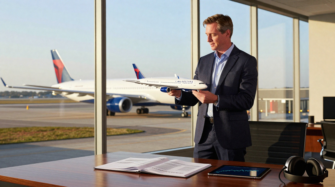 Homem de fato a segurar maquete de avião num escritório com vista para pista e avião real ao fundo.