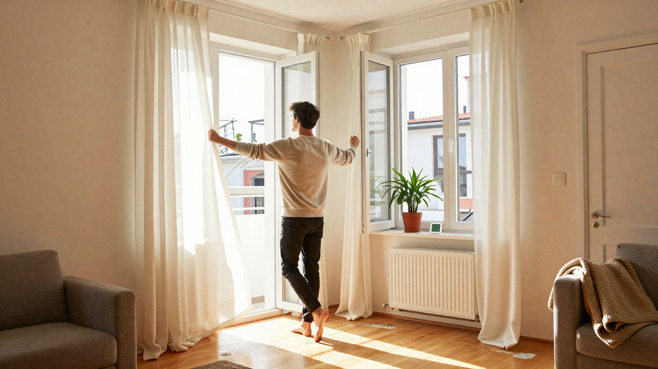 Homem abre cortinas numa sala iluminada com sofá cinzento e plantas junto à janela.