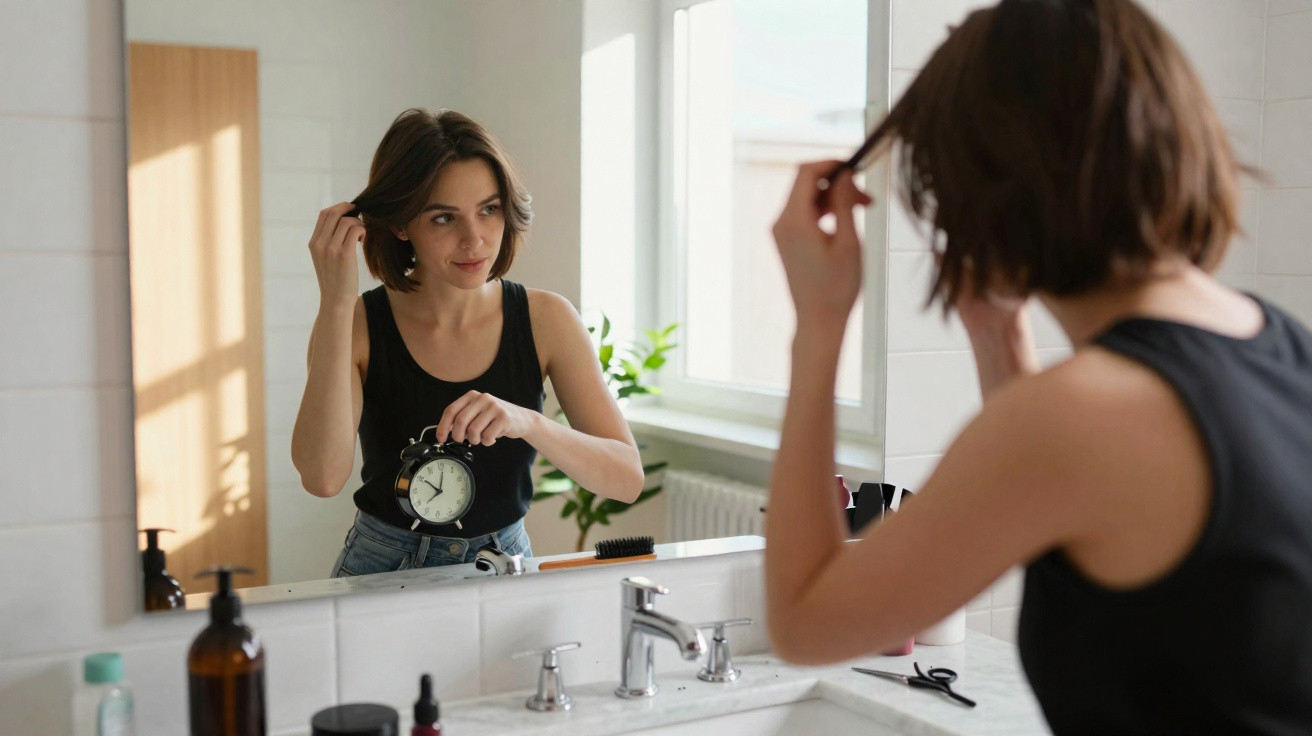 Mulher a ajeitar o cabelo em frente ao espelho de casa, segurando um despertador preto.