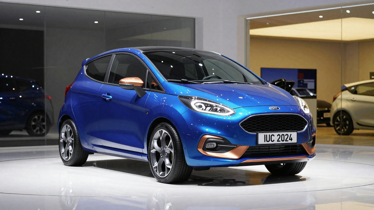 Carro compacto azul com detalhes dourados exibido em stand moderno com iluminação branca.