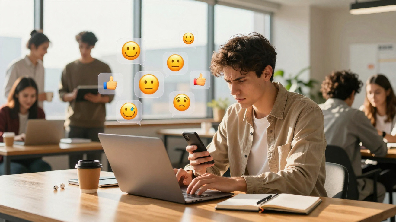 Jovem preocupado a olhar para o telemóvel, com emojis de reações flutuando, num escritório com colegas ao fundo.