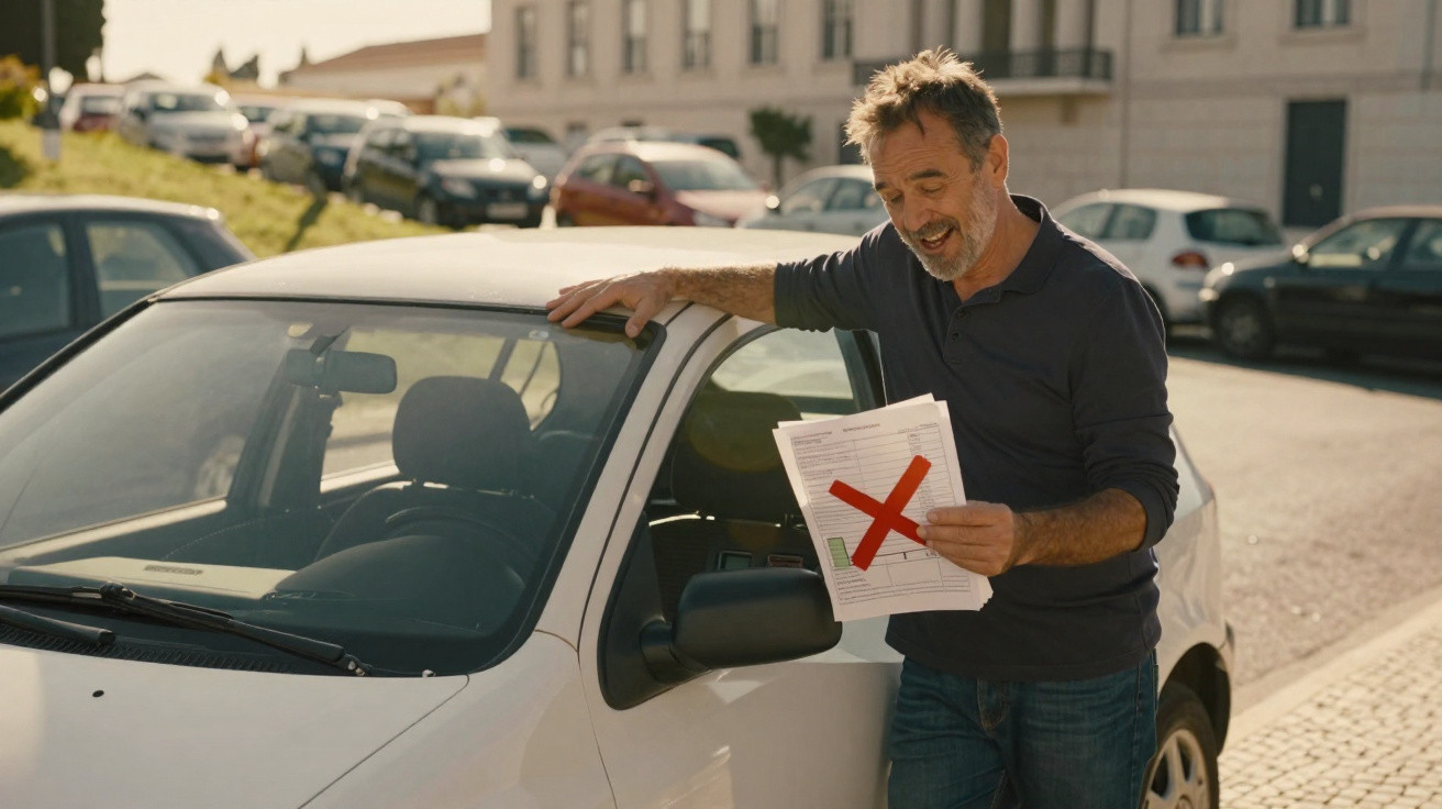Homem ao lado de carro branco segurando papel com grande X vermelho numa rua com carros estacionados.