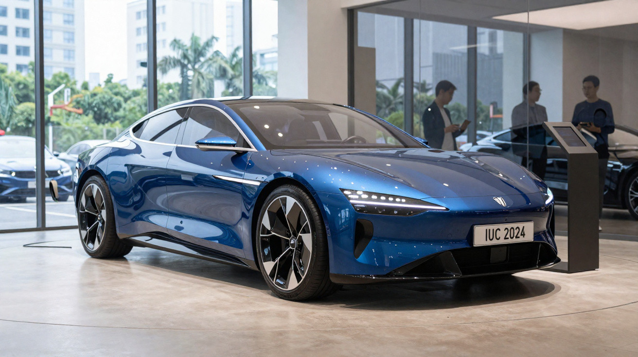 Carro desportivo azul elétrico em exposição numa sala moderna com janelas grandes e pessoas ao fundo.